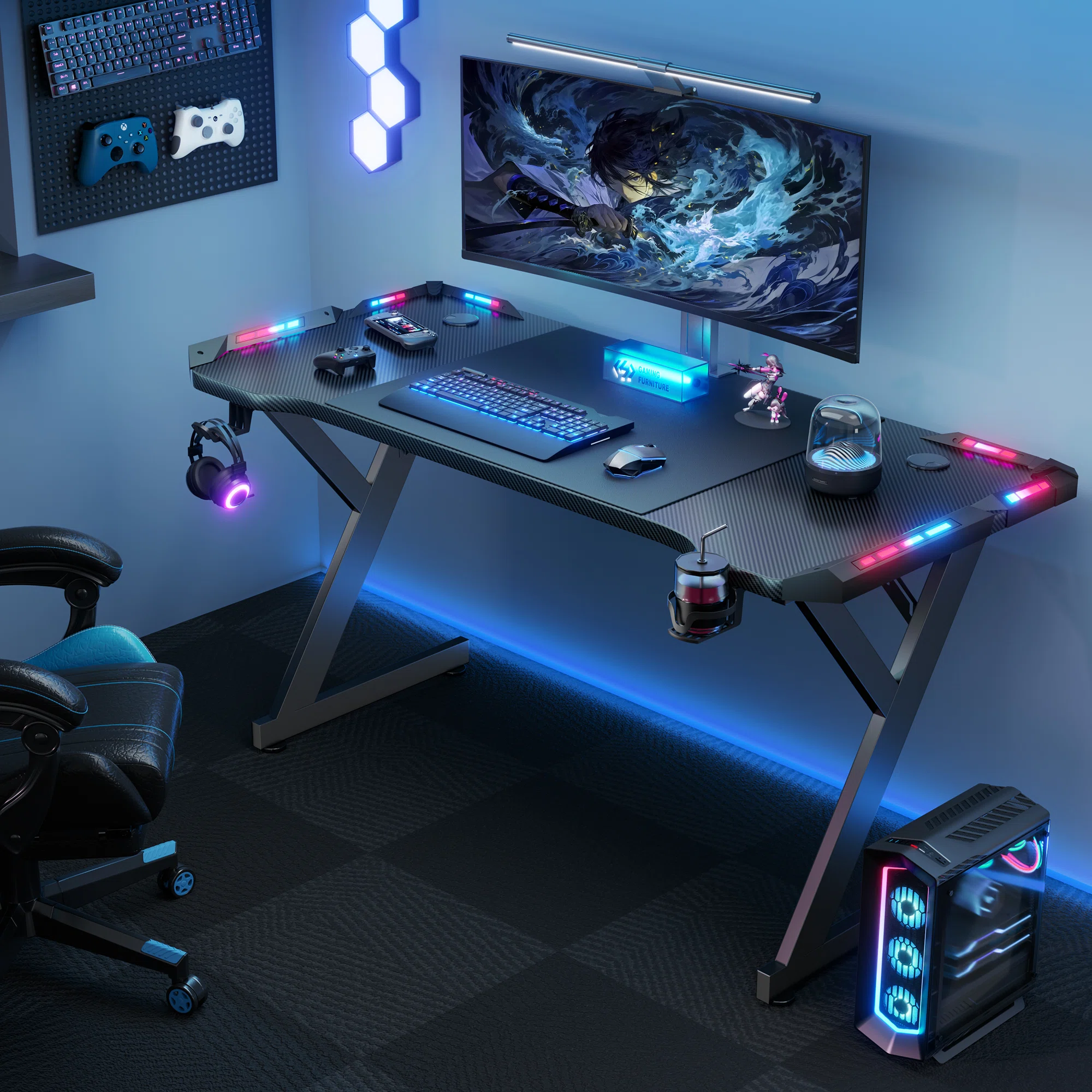 Minimalist aesthetic pro gaming setup showing high-performance rig and ambient backlighting