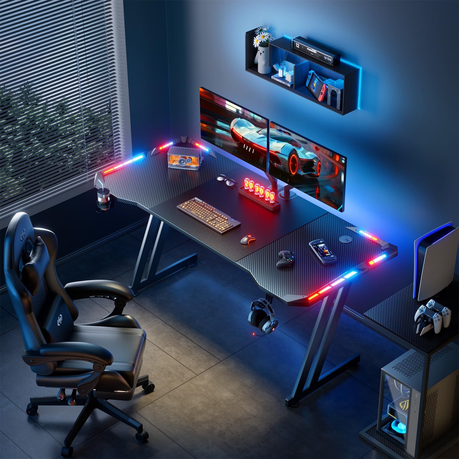 An action shot of two professional game analysts testing graphic fidelity on high-performance gaming rigs